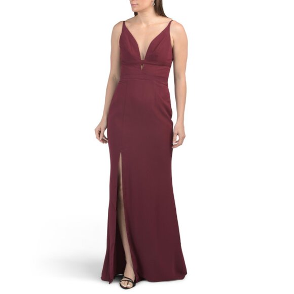 DRESS THE POPULATION Burgundy Viola V-neck Gown